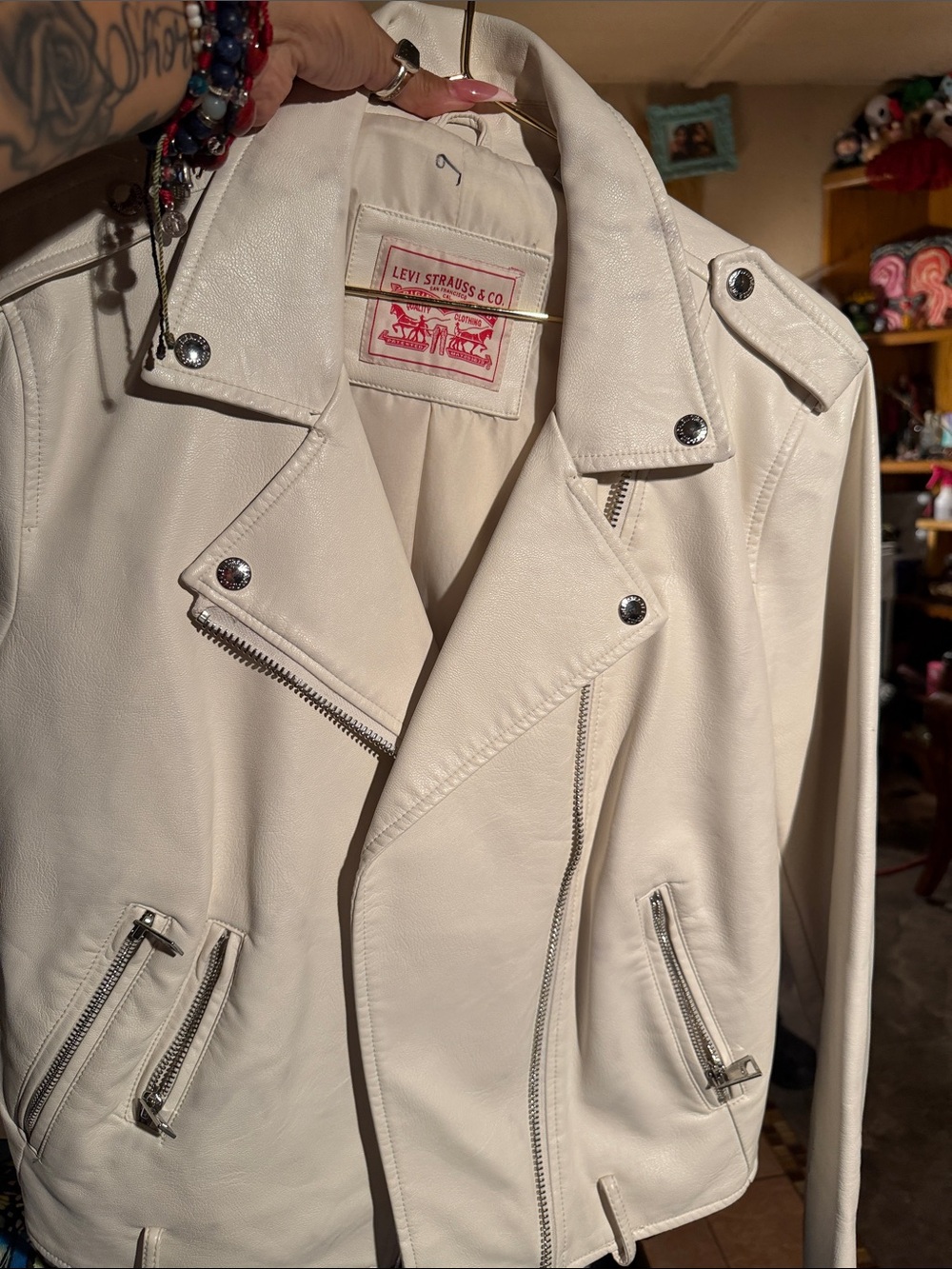 Levi's Off-White Leather Moto Jacket with Silver Hardware